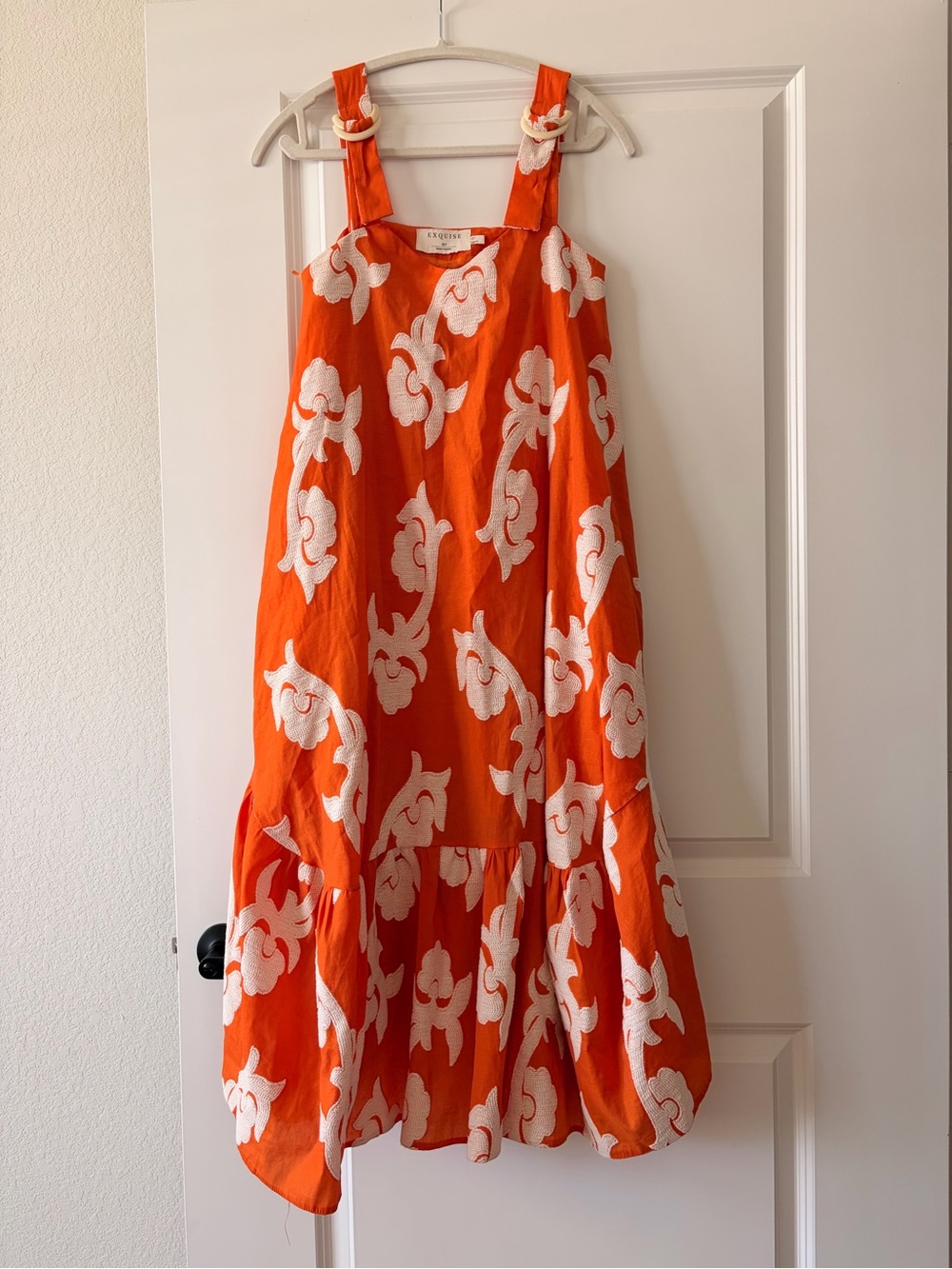 Anthropologie Orange Sundress with White Floral Embroidery